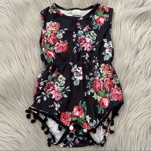 Floral Onesie Bodysuit with Pom Pom Detail
